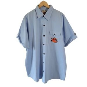 PIRANA JOE Mens Ocean Blue Fish Pront Button-Up Shirt Sz XXL Short Sleeve Beachy